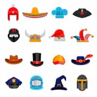 Vector gratuito conjunto de iconos planos de sombreros graciosos
