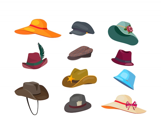 Conjunto de iconos planos de sombreros de hombre y mujer