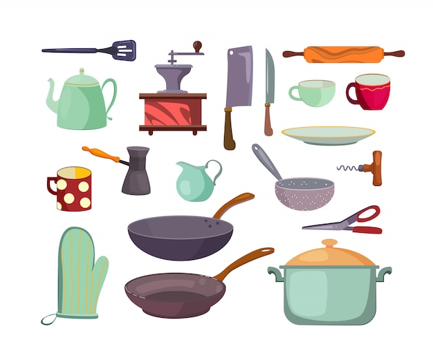 Conjunto de iconos planos de utensilios y herramientas de cocina