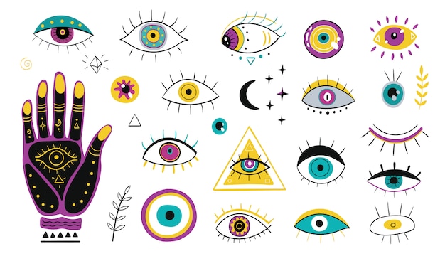 Vector gratuito conjunto de iconos planos de varios ojos dibujados a mano