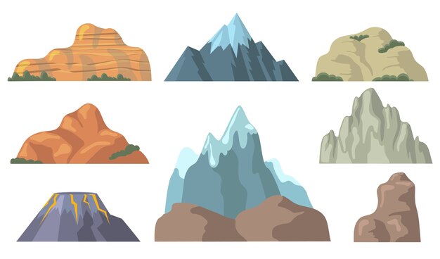 Conjunto de iconos planos de varios picos de montaña. Formas de dibujos animados de colina rocosa, cima del promontorio nevado, roca, colección de ilustraciones vectoriales aisladas de volcán.