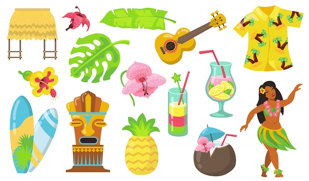 Conjunto de iconos planos de varios símbolos de Hawaii