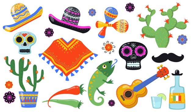 Conjunto de iconos planos de varios símbolos mexicanos