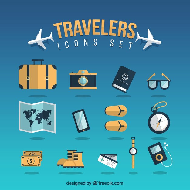 Conjunto de iconos planos de viajero