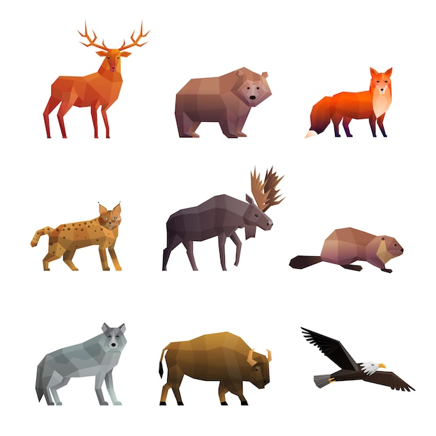 Conjunto de iconos poligonales de animales salvajes del norte