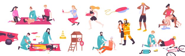 Conjunto de iconos de primeros auxilios con personajes humanos planos de socorristas, bomberos y médicos que ayudan a la gente a ilustrar vectores