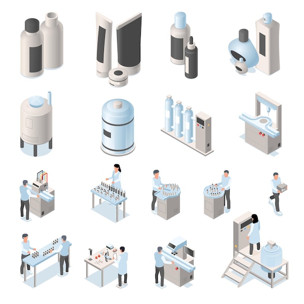 Conjunto con iconos de producción cosmética isométrica aislados con vistas de unidades de fábrica y laboratorio con ilustración de vector de trabajadores