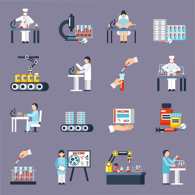 Conjunto de iconos de producción farmacéutica