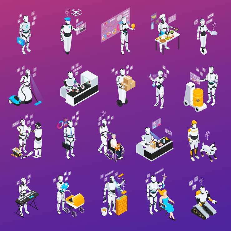 Vector gratuito conjunto de iconos de profesiones de robot aislado e isométrico policía y asistente de hogar chef niñera