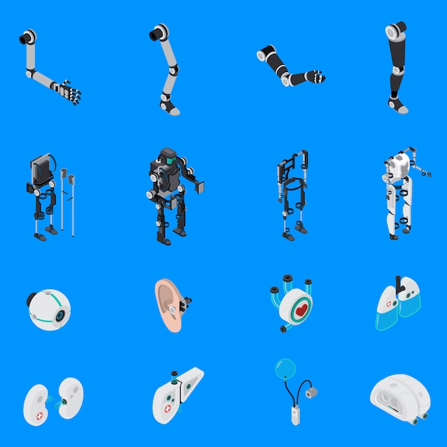 Conjunto de iconos de prótesis biónica exoesqueleto