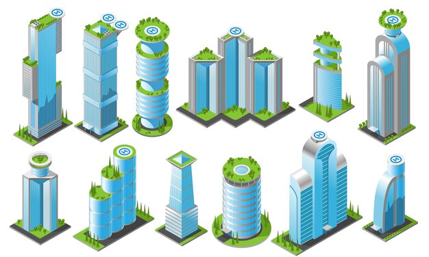Conjunto de iconos de rascacielos futuristas isométricos con diferentes estilos de edificios de oficinas de alturas y formas