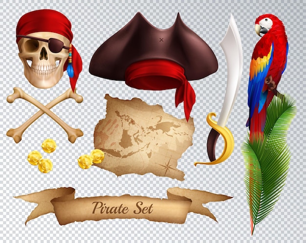 Conjunto de iconos realistas pirata de sable pirata hat pañuelo rojo atado a loro cráneo en rama de palma aislado en transparente