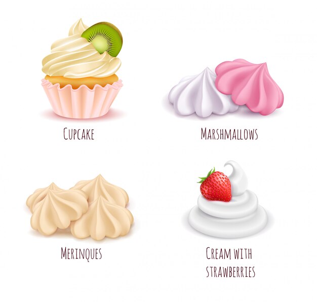 Conjunto de iconos realistas de postres de crema batida