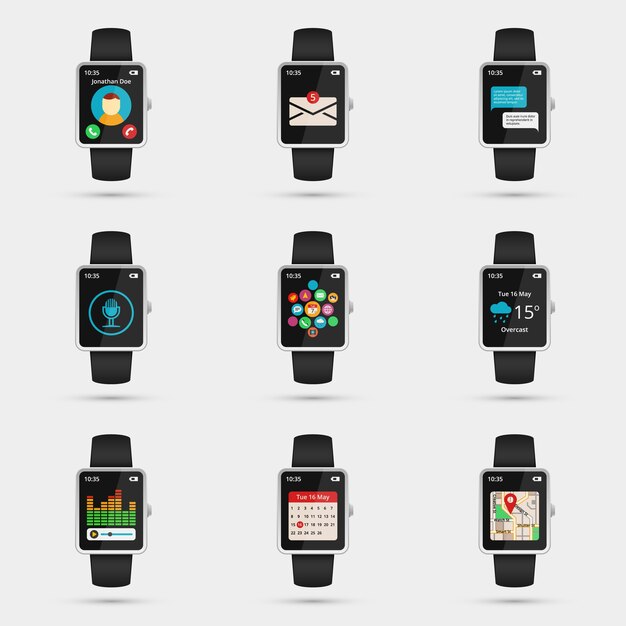 Conjunto de iconos de reloj inteligente. wifi, mapa y clima, calendario y música, navegación y mensaje