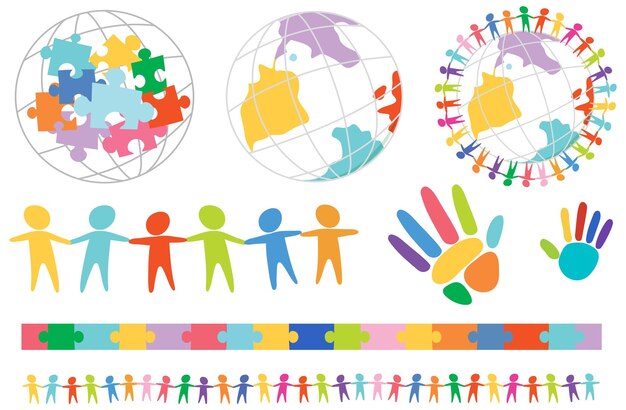 Conjunto de iconos de rompecabezas humano globo