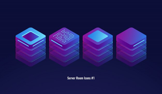 Conjunto de iconos de sala de servidores, base de datos 3d y concepto de centro de datos, objeto de tecnología de iluminación