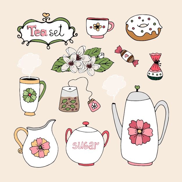 Vector gratuito conjunto de iconos de servicio de té con taza tetera