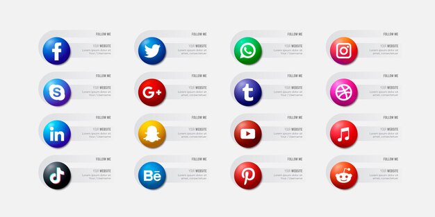 Conjunto de iconos de sitios web sociales populares con banners iconos gratis