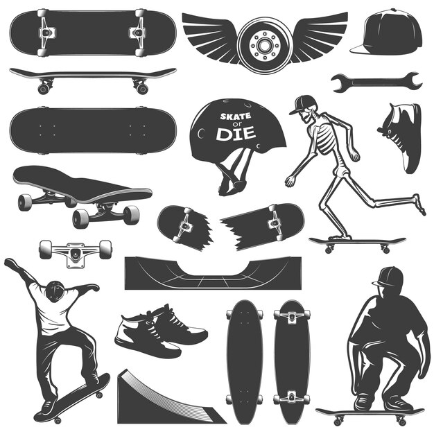 Conjunto de iconos de skateboarding equipo y protección para skater boy aislado y negro ilustración vectorial