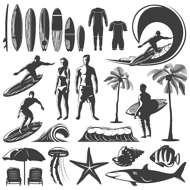 Vector gratuito conjunto de iconos de surf