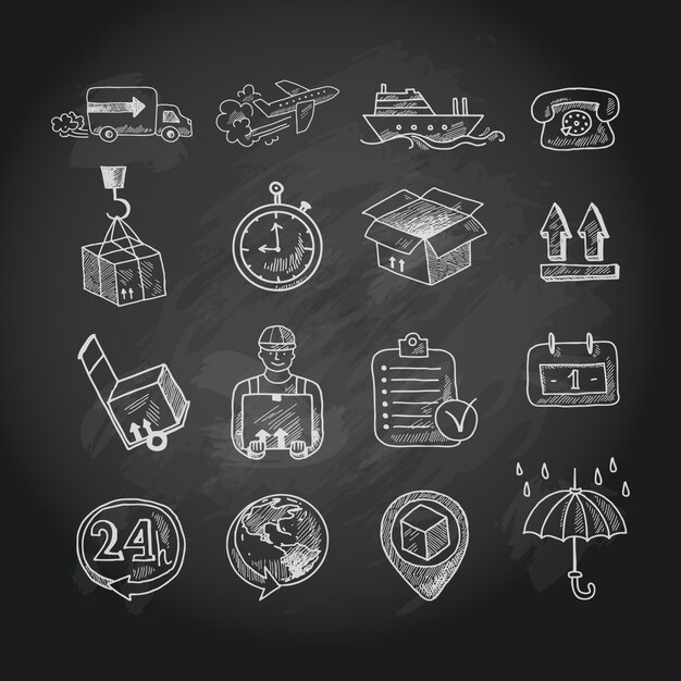 Conjunto de iconos de tablero de tiza logística