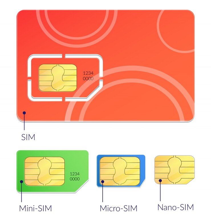 Vector gratuito conjunto de iconos de tarjetas sim realistas con diferentes tipos de ilustración mini micro y nano sim