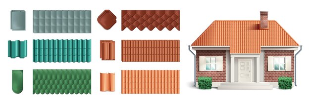 Conjunto de iconos de techo de tejas de casa realistas azulejos de diferentes tamaños formas y colores ilustración vectorial