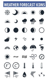 Conjunto de iconos de tiempo y pronóstico llenos de ilustración de vector de estilo de icono sobre fondo blanco