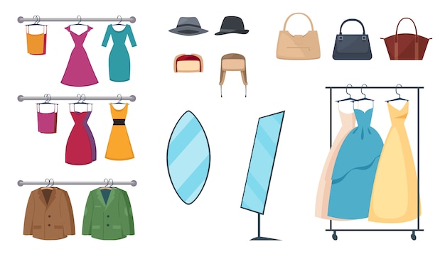 Conjunto de iconos de tienda de ropa aislada y coloreada con elementos y atributos de ropa en perchas y accesorios