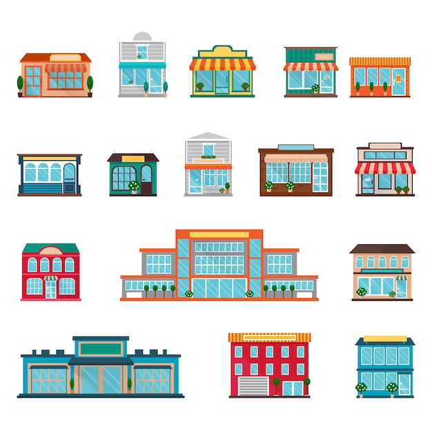 Conjunto de iconos de tiendas y supermercados grandes y pequeños edificios.