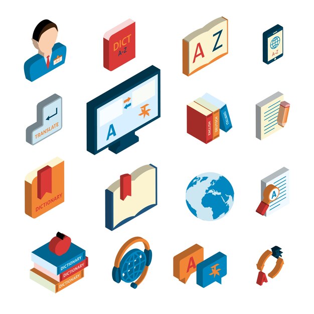 Conjunto de iconos de traducción y diccionario
