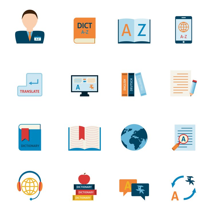 Vector gratuito conjunto de iconos de traducción y diccionario