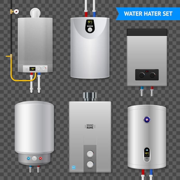 Conjunto de iconos transparentes de caldera de calentador de agua eléctrico realista con elementos aislados en transparente