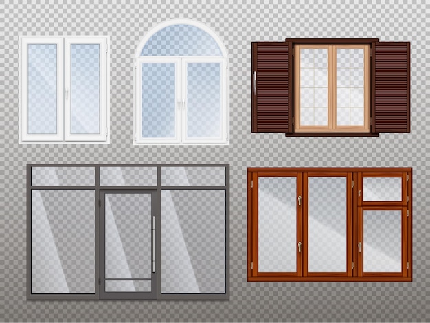 Conjunto de iconos transparentes realistas de Windows con diferentes estilos y colores ilustración vectorial de madera y plástico