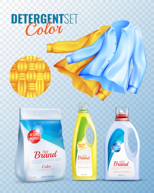 Conjunto de iconos transparentes de ropa de detergentes