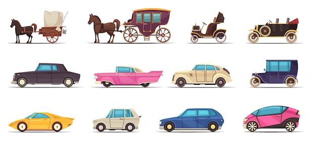 Conjunto de iconos de transporte terrestre antiguo y moderno que incluye varios automóviles y carruajes de caballos