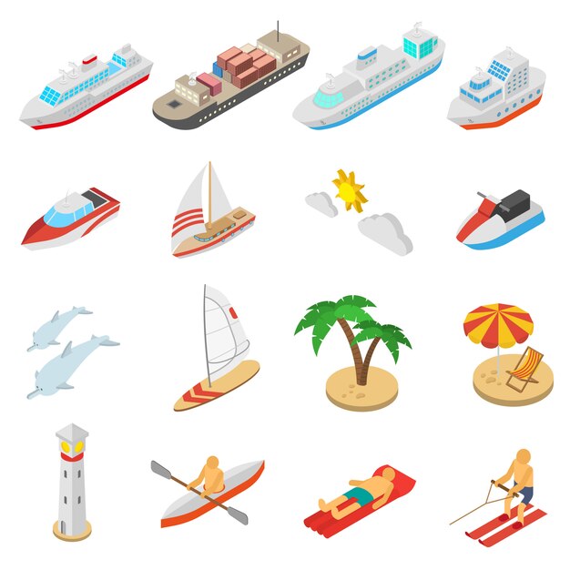 Conjunto de iconos de vacaciones de playa y barcos