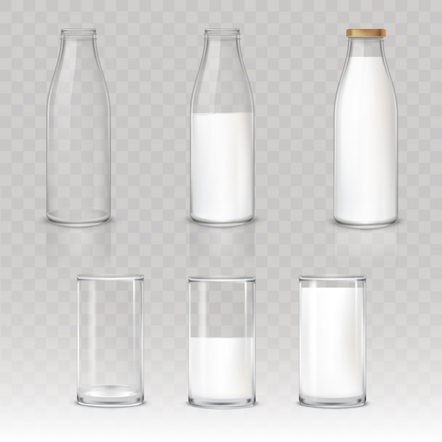 Conjunto de iconos vasos y botellas con una leche