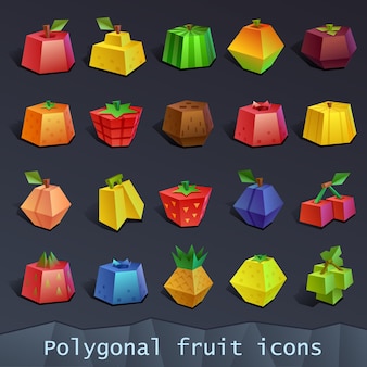 Conjunto de iconos de vector de fruta poligonal