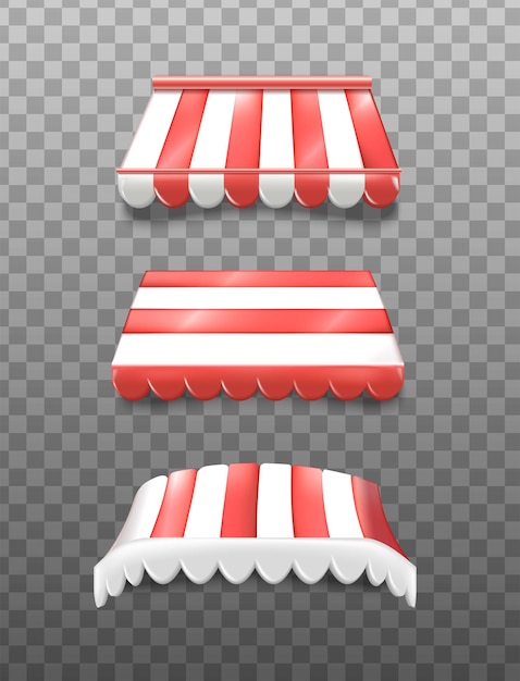Vector gratuito conjunto de iconos de vector realista colección de dosel para tiendas emergentes parasoles de rayas rojas