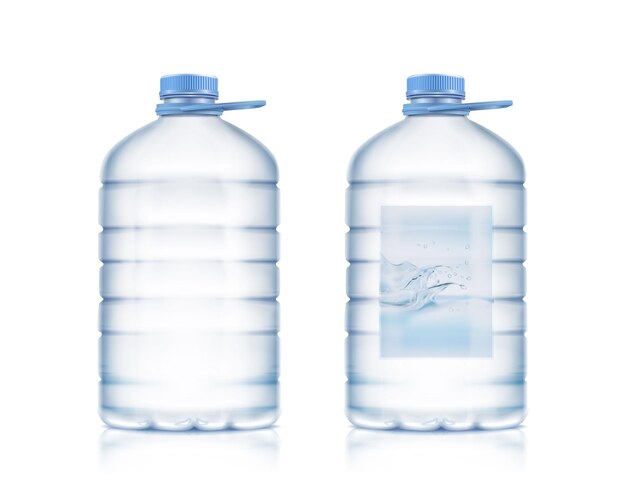 conjunto de iconos de vector realista. Grandes botellas de plástico de agua. Aislado sobre fondo blanco. Moc de bebidas