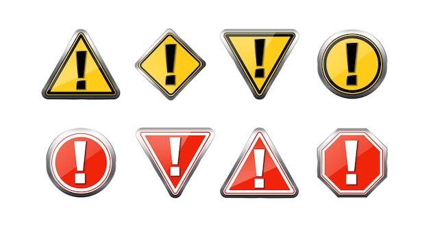conjunto de iconos de vector realista. Señales de advertencia en color amarillo y rojo, aisladas sobre fondo blanco.