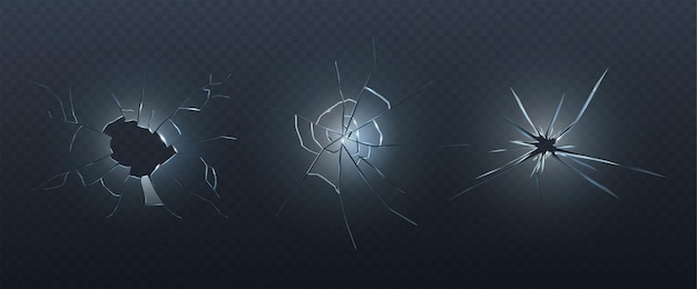 conjunto de iconos de vector realista Vidrio transparente triturado agrietado con agujeros de bala