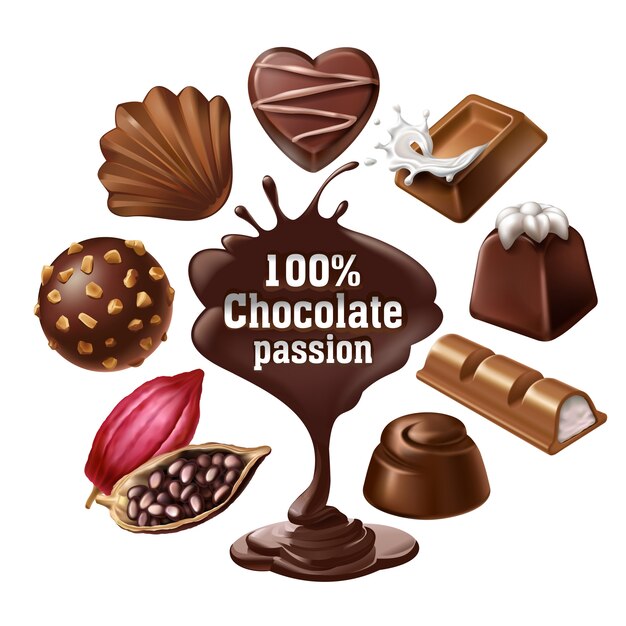 Conjunto de iconos de vectores de postres de chocolate y dulces, chocolate líquido y granos de cacao