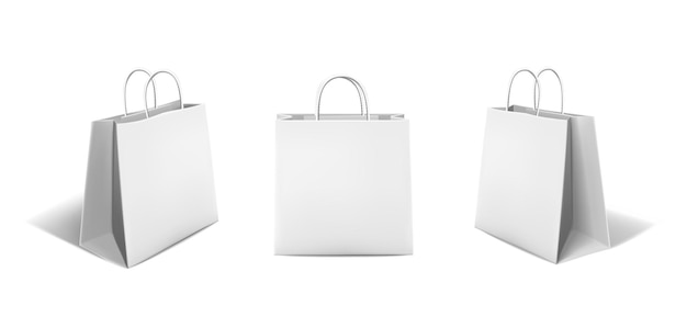 conjunto de iconos vectoriales Bolsa de papel blanco en el frente y dos vistas laterales Aisladas sobre fondo blanco