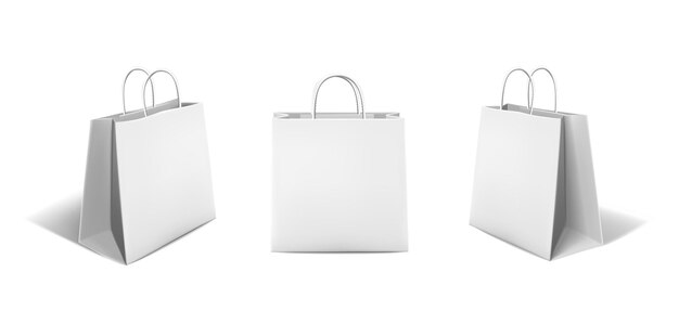 conjunto de iconos vectoriales Bolsa de papel blanco en el frente y dos vistas laterales Aisladas sobre fondo blanco
