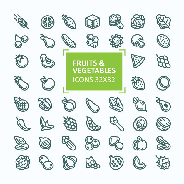 Conjunto de iconos vectoriales de frutas y verduras en el estilo de una línea delgada, editable accidente cerebrovascular