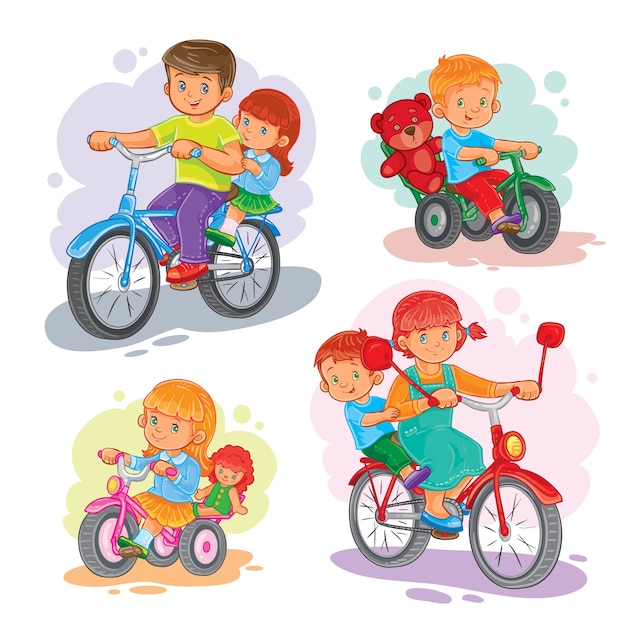 Conjunto de iconos vectoriales niños pequeños en bicicletas