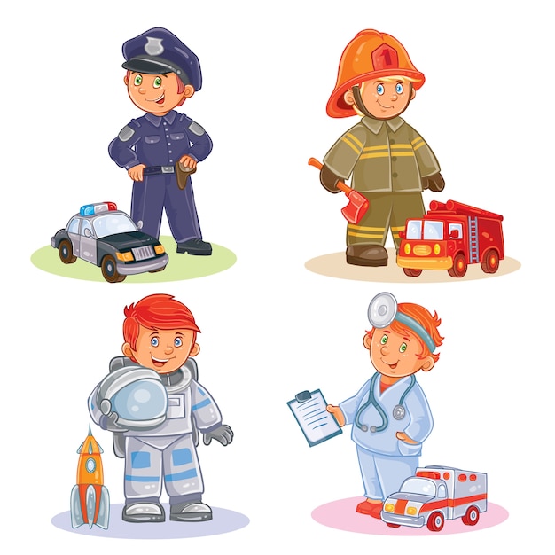 Conjunto de iconos vectoriales de los niños pequeños diferentes profesiones