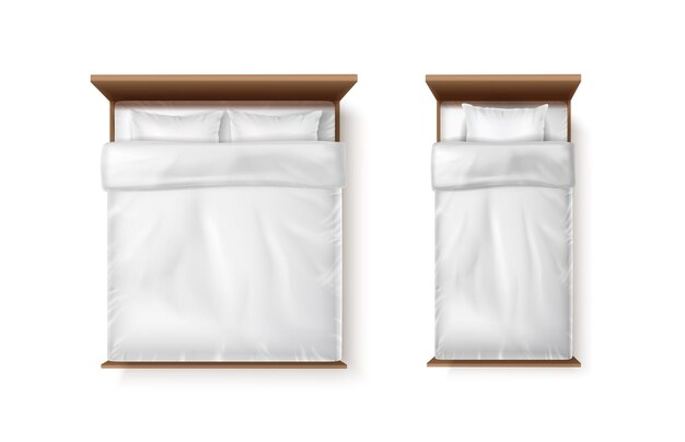 conjunto de iconos vectoriales realistas Cama individual y doble con sábanas blancas, edredón y dos almohadas
